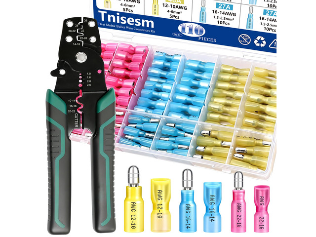 111PCS Heat Shrink Bullet Connectors with Crimping Tool 22-10AWG Waterproof Bullet connectors Heat Shrink Female & Male Connector for Automotive Boat...