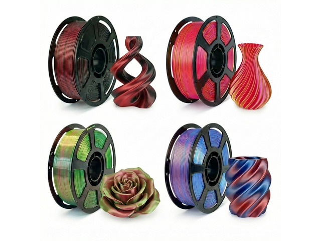 Silk PLA Multicolor 200gx4 Bundle, Shiny 3D Printer Filament 1.75mm Silky Dual-color Glossy PLA Bundle Red Gold/Green/Black/Blue, ±0.02mm, ideal...