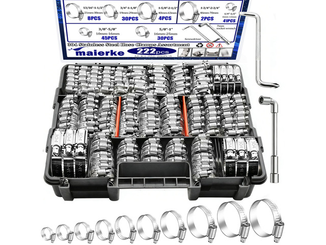 222PCS 304 Stainless Steel Hose Clamps Assortment Kit,Metal Adjustable 1/4'-2-3/4'(6-70mm) Worm Gear Hose Clamp Small Hose Clamps for...