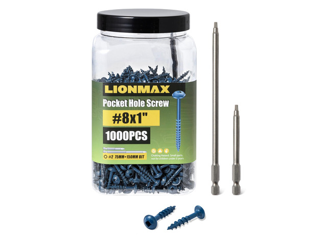 Pocket Hole Screws 1 Inch, 1000 PCS Exterior Pocket Screws #8 x 1 Rust Resistant Blue Coated, Coarse Thread, Square Drive, Washer Head, for Outdoor...