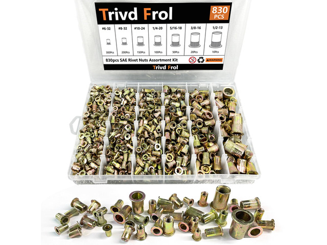 830PCS SAE Rivet Nut Tool Kit, 6-32 to 1/2-13 Galvanized Carbon Steel Flat Head Rivet Nuts Assortment Kit, Threaded Insert Rivnuts...