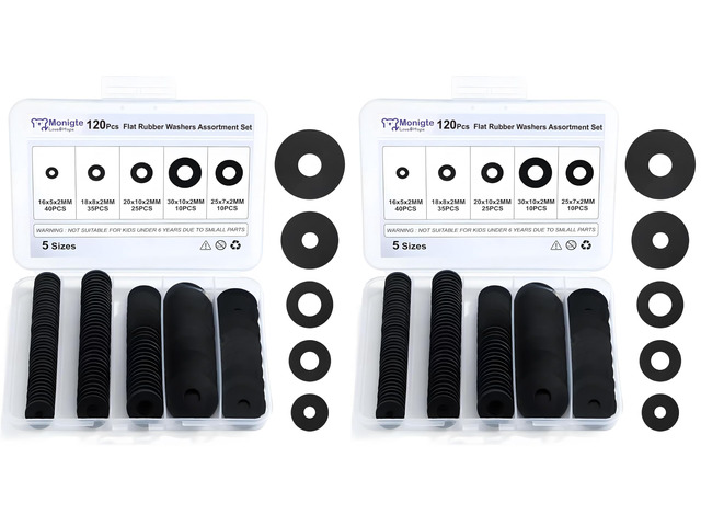 120Pcs Flat Rubber Washers Assortment Kit,16/18/20/25/30mm Black Washer,Vibration Absorbing Pads Sealing Rubber Washers for Faucets Garden Bolts...