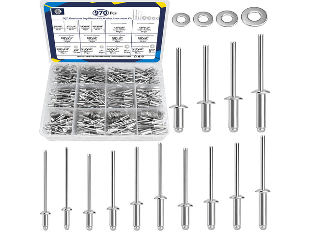 970Pcs Aluminum Pop Rivets with Washer Assortment Kit, 14 Sizes Silver Rivets with 3/32' 1/8' 5/32' 3/16' Blind Rivets, Assorted Pop Rivets Set
