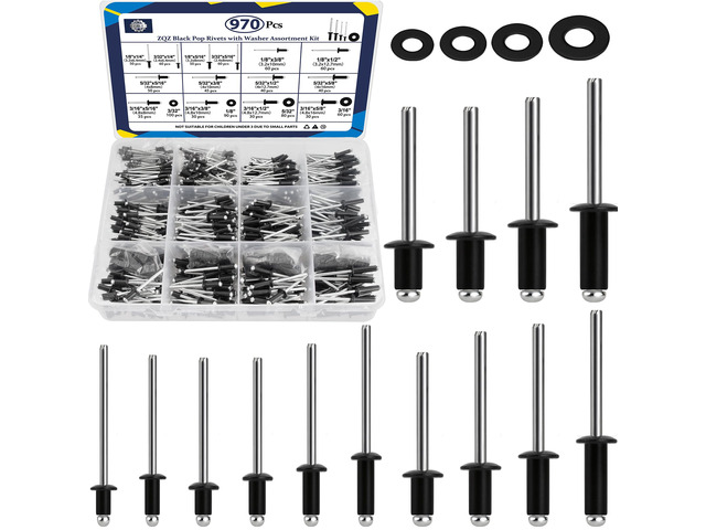 970Pcs Black Pop Rivets with Washer Assortment Kit, 14 Sizes Black Rivets with 3/32' 1/8' 5/32' 3/16' Blind Rivets, Assorted Pop Rivets Set for Metal