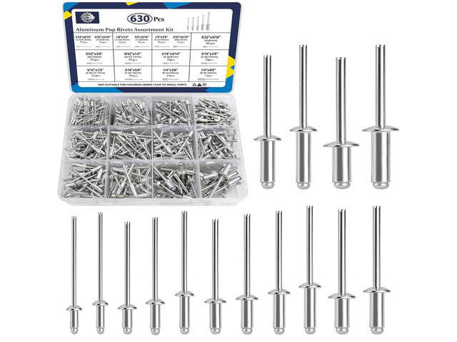 630Pcs Aluminum Pop Rivets Assortment Kit, 15 Sizes Silver Pop Rivets, 3/32' 1/8' 5/32' 3/16' 1/4' Assorted Rivets Kit for Metal, Aluminum Blind...
