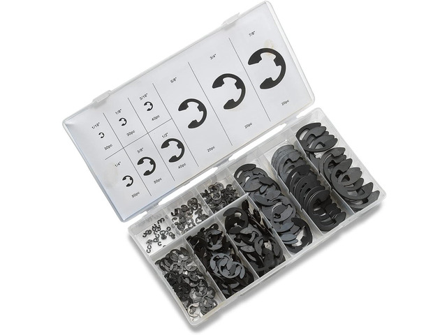 50455A E-Clip Assortment Set 300 PCS, 9 SAE Sizes, Heat Treated External Retaining Clips, 1/16' - 7/8 Inch High Carbon Steel Circlip Kit, Anti...