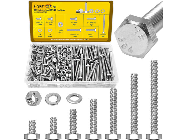 224PCS 1/4-20 Hex Bolts and Nuts Assortment Kit, 304 Stainless Steel 1/4-20 x 1/2'', 3/4'', 1'', 1-1/2'', 2'', 2-1/2'', 3'' Hex Bolts Nut and Flat...