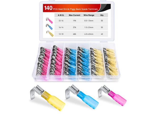 140PCS Heat Shrink Piggy Back Spade Terminals Connectors Assortment Kit 22-16/16-14/12-10 AWG Quick Splice Crimp for Auto Cars Trucks Boats and 12V...
