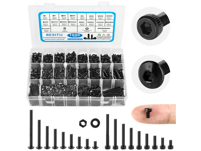 1600Pcs M3 Screw Kit, 12.9 Grade Alloy Steel Hex Socket Button & Cap Head Metric Screw Assortment M3 Bolts and Nuts Washers Kit Black Small Machine...