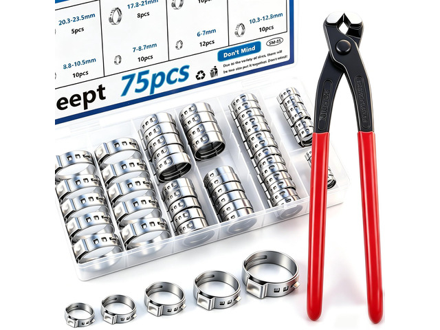 75Pcs 8-Sizes 304 Stainless Steel Single Ear Hose Clamps with Ear clamp plier 6-23.6mm Crimp Hose Clamps Assortment Kit for Auto/Home...