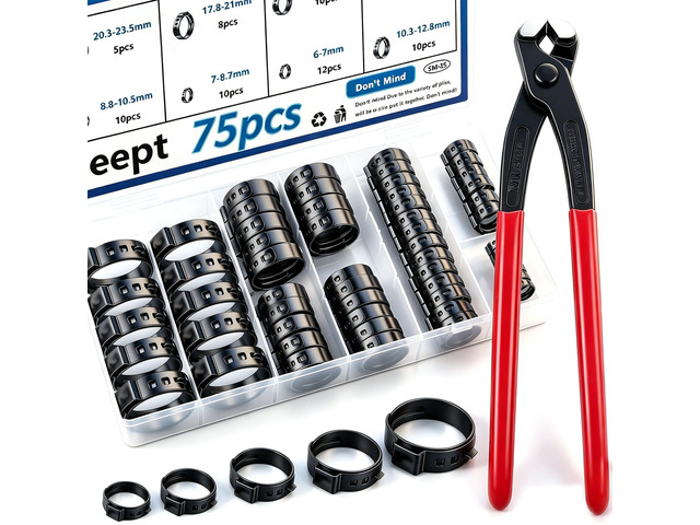 75Pcs 8-Sizes 304 Stainless Steel Black Single Ear Hose Clamps with Ear clamp plier 6-23.6mm Crimp Hose Clamps Assortment Kit for Auto/Home...