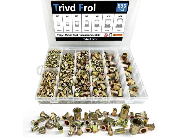 830PCS Metric Rivet Nut Tool Kit, M3 M4 M5 M6 M8 M10 M12 Galvanized Carbon Steel Flat Head Rivet Nuts Assortment Kit, Threaded Insert Rivnuts...
