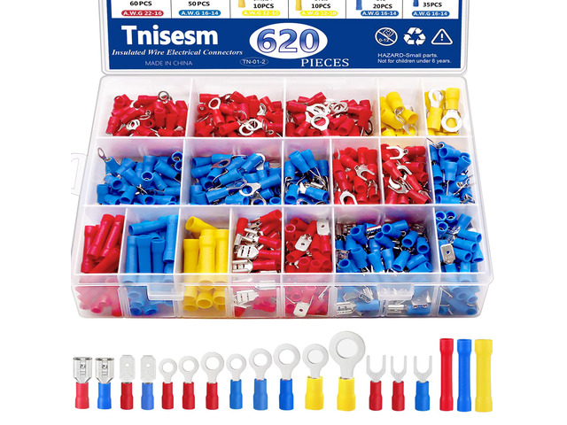 620Pcs Insulated Wire Crimp Connectors Assortment Kit, Fork Ring Spade Butt Quick Disconnect Terminals Lugs Set, Male/Female Wire Cable Connectors