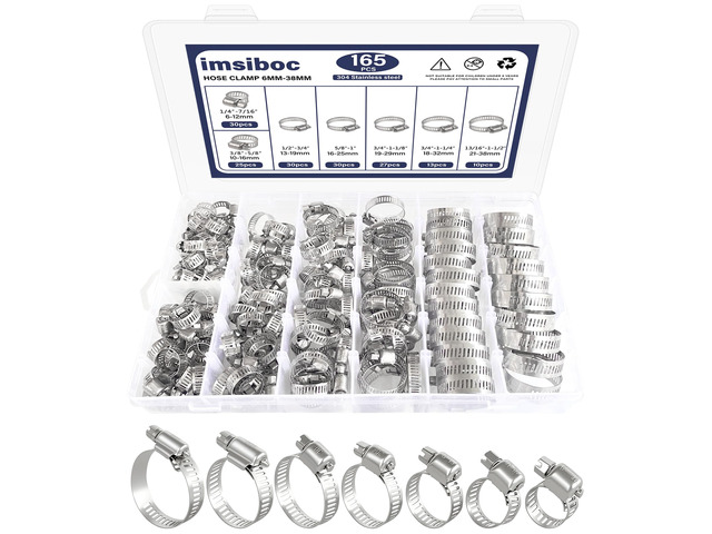 165PCS Adjustable Stainless Steel Hose Clamps Assortment Kit, 1/4''- 1-1/2'' (6-38mm) Worm Gear Metal Fuel Line Clamp for Plumbing, Automotive and...