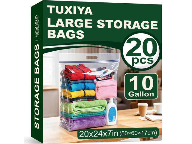 20 PACK Extra Large Storage Bags, 10 Gallon 24'x20'x7' Zipper Bags Resealable Clear Bags with Handle,XL Heavy Duty for Clothes Travel Moving,Double...