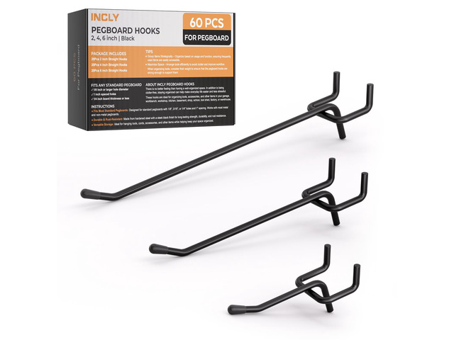 60 Pack Pegboard Hooks, 2/4/6 Inch Peg Board Organizer Accessories Metal Peg Board Hooks, Peg Board Tool Hangers, Fit for 1/8'' and 1/4' Pegboard,...