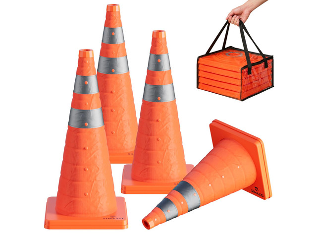 4 Pack 28In Collapsible Traffic Safety Cones with Reflective Collar Multi Purpose Pop Up Cones for Road Safety, Parking Lot, Driving and Sport...
