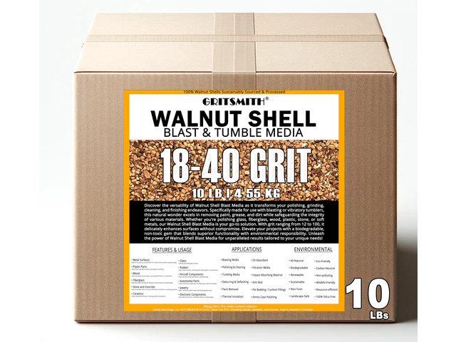 18-40 Grit Premium Ground Crushed Walnut Shell Media (10 LBS / 4.55 KG) Fine Grit, Sand Blasting, Vibratory Rotary Tumbling, Brass Case Cleaning,...