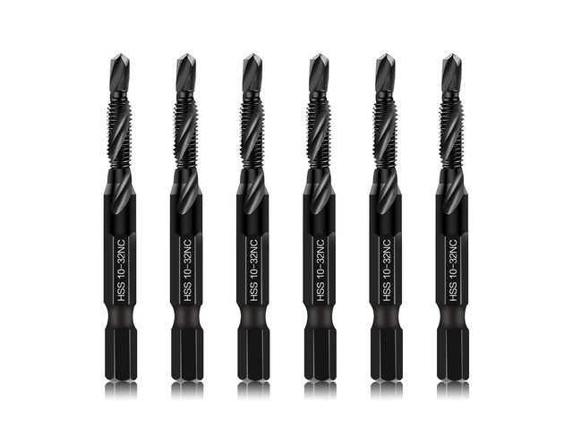 6-Piece 10-32NC Combination Drill Tap Countersink Bit Set SAE, Made of High-Speed Steel with Anti-Rust Blackened Coating, Ideal for Soft Metal,...