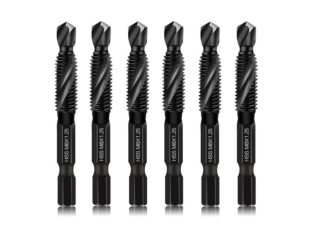 6 Packs M8 Drill & Tap Bit Set, Combination Screw Tapping Threading Tools in Size M8*1.25 with Anti-Rust Black Coating, 1/4' Hex Shank and Storage...