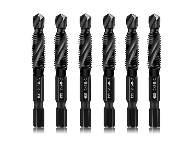 6-Piece 12-24NC Combination Drill Tap Countersink Bit Set SAE, Made of High-Speed Steel with Anti-Rust Blackened Coating, Ideal for Soft Metal,...