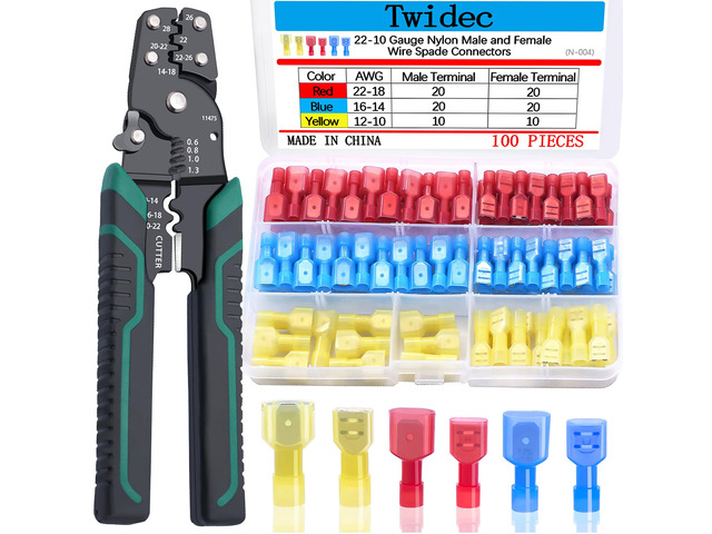 /100PCS Nylon Spade Connectors Kit 22-10 Gauge Quick Disconnect Fully Insulated Male and Female Wire Spade Terminal Assortment Kit and Wire Crimper...