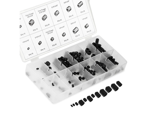 50484A Internal Hex Allen Set Screw Assortment Kit, Coarse and Fine Thread Screws with Full-Steel Construction, 200-Piece Set