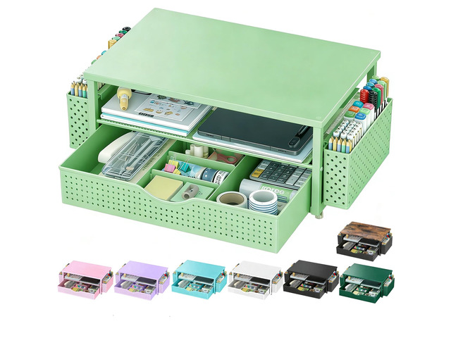 Computer Monitor Stand with Drawer and 2 Pen Holders, Sage Green Double layer storage Computer Stand Monitor Riser Office Organization for Desk