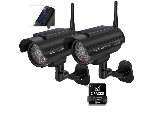 Solar Powered Fake Security Camera, Red Light & Antenna, 2 Pack, Black Dummy Cameras for Outside, Wireless Simulated Cam, Realistic Look, Solar...