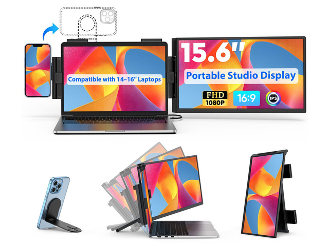 Portable Studio Display 15.6' FHD IPS 1080P Monitor Laptop Screen Extender & Phone/Pad Mount for 1416' Laptops, Turn Phone into Webcam + Keyboard...