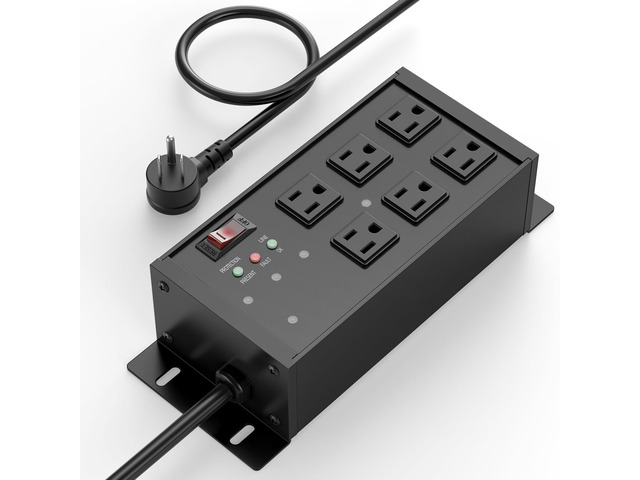 EMI/RFI Filtering Surge Protector, 4 FT Flat Plug Cord, Black Heavy Duty Power Strip with Noise Isolated Banks, Wall Mount Metal 6 Outlets, 4800J...