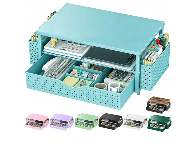 Computer Monitor Stand with Drawer and 2 Pen Holders, Blue Double layer storage Computer Stand Monitor Riser Office Organization for Desk