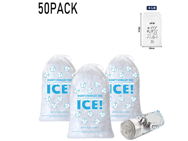 8 LB Disposable Drawstring Ice Bags, 28×48cm Heavy Duty Clear Plastic Ice Storage Bags, 50 Count Leak-Proof Ice Bags for Freezer, Parties & Home Use
