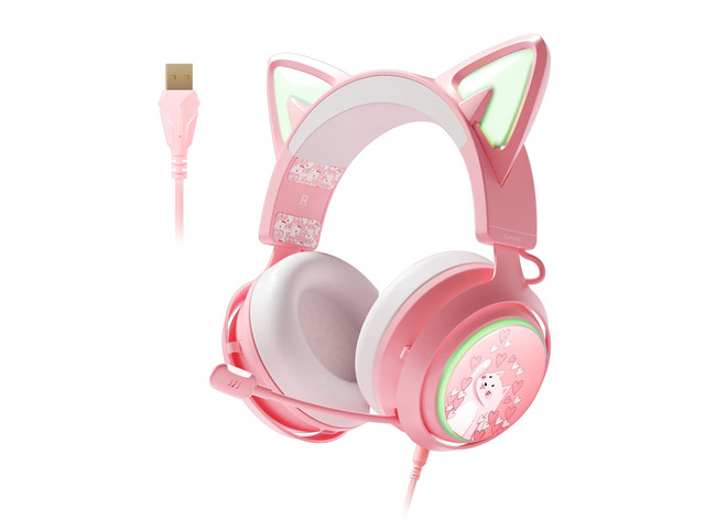 Pink Gaming Headset GS510, Wired, Over Ear, Cat Ear Design with RGB Lighting, 7.1 Surround Sound, Retractable Mic, Compatible with PC, PS4, PS5