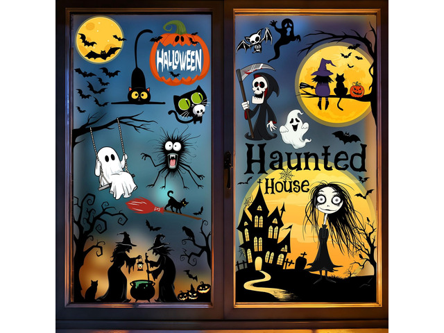 Halloween Window Clings Decor, Double Side Stickers Window Decals for Party Home Decoration, Ghosts, Witch, Bats, Black Cat and Haunted House