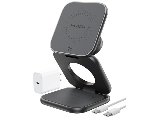 KU XIU Qi2.2 25W Magnetic Wireless Charger, Foldable 3 in 1 Travel Charging Station for iPhone 17/16/15/14/13/12, 5W for Apple Watch & AirPods,...