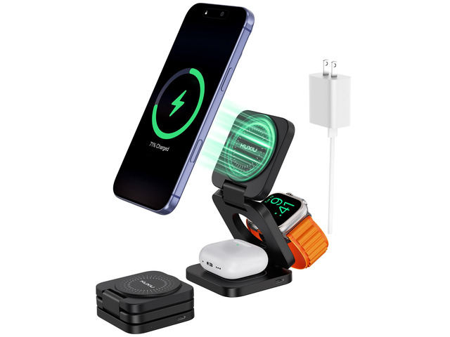 KU XIU Foldable 3 in 1 Travel Charging Station for Apple Device, Qi2.2 25W Magnetic Charger Stand, Pocket-Sized, 25W Fast Wireless Charger for...