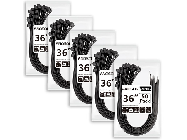 Large Zip Ties 36 inch (250 Pack), Long Zip Ties Heavy Duty with 250 lb Tensile Strength, Big Cable Ties, Black, by