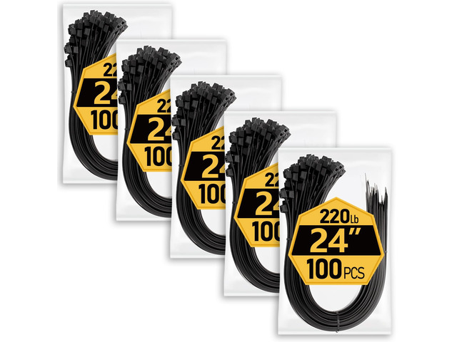 Large Zip Ties Heavy Duty 24 inch (500 Pack), 220 lb Tensile Strength for Outdoor Use, Black Cable Ties, Long Wire Ties by