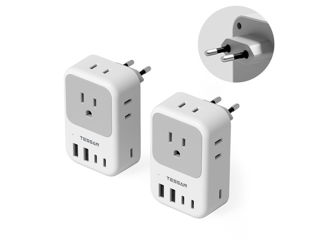 European Travel Plug Adapter, Type C EU Plug, PD 28W 4 AC Outlets & 5 USB Ports (3 USB-C), Type C Power Adapter for Italy France Germany Spain...