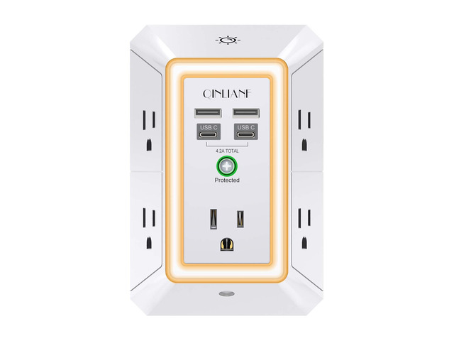 Surge Protector, 5 Outlet Extender with 4 USB Ports(2USB-C) 1680 Joules, 3-Sided Power Strip with Night Light, Multi Plug Wall Outlet Adapter...