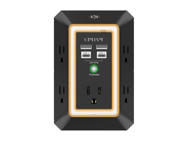 Surge Protector, 5 Outlet Extender with 4 USB Ports(2USB-C) 1680 Joules, 3-Sided Power Strip with Night Light, Multi Plug Wall Outlet Adapter...