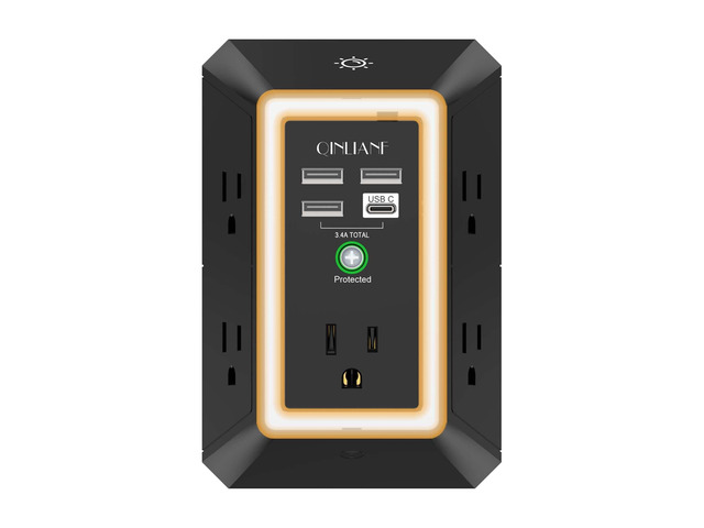 Wall Charger, Surge Protector, 5 Outlet Extender with 4 USB Ports 1680 Joules, 3-Sided Power Strip with Night Light, Multi Plug Wall Outlet Adapter...