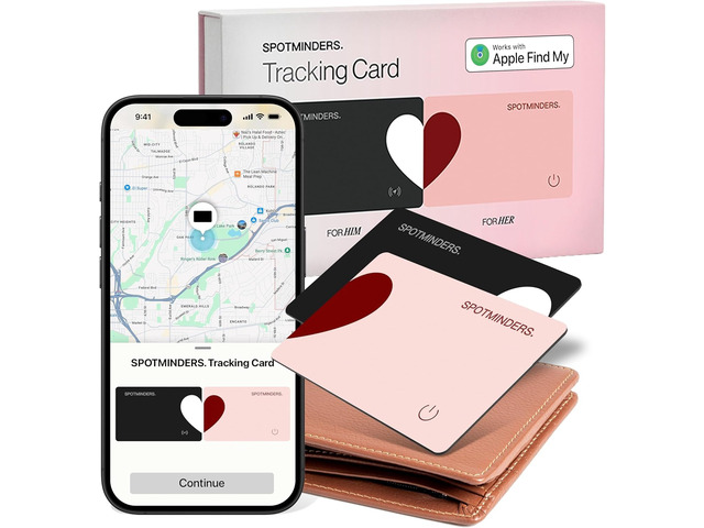 SPOTMINDERS Apple MFi Certified Wallet Tracker 2-Pack Black & Pink (iOS Only) Travel Pack for Couples 0.07in Works with Apple Find My Rechargeable...