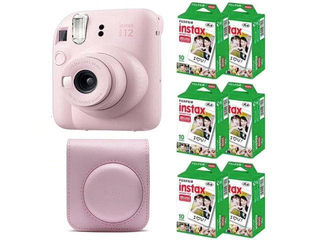 Instax Mini 12 Instant Film Camera (Blossom Pink w/Case + Extra Film, Compact)