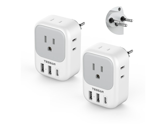 Switzerland Travel Plug Adapter, Type J Plug, 2 Pack 4 Outlets, 3 USB Charging Ports (1 USB C), US to Switzerland, Liechtenstein, Rwanda