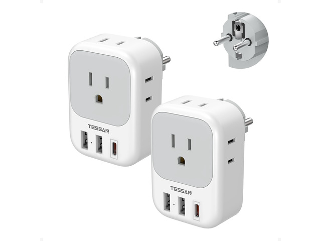 2 Pack Type E F Plug Adapter, Schuko Plug 3 USB Charger (1 USB C PD 20W), 4 Outlets, Germany France Power Travel Adaptor