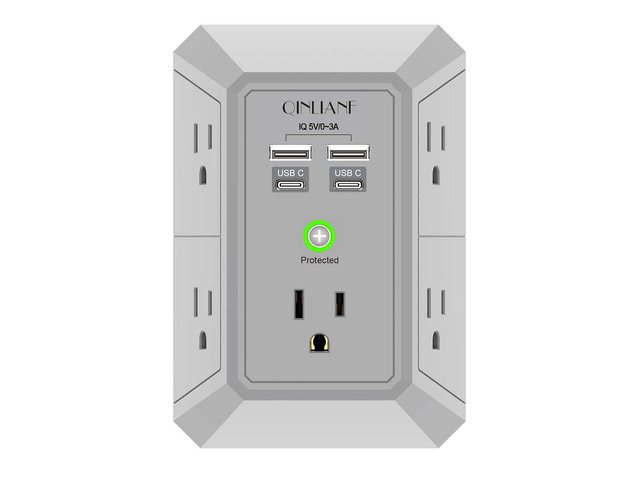 Surge Protector, 5 Outlet Extender with 4 USB Ports(2USB-C) 1680 Joules, 3-Sided Power Strip, Multi Plug Wall Outlet Adapter Spaced for Home...