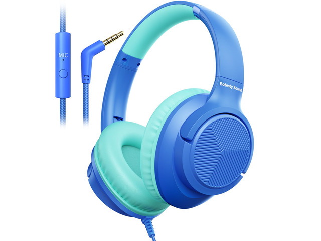 Headphones Wired with Microphone for School, 3.5mm Corded Headphones, Blue Wired Over Ear Foldable Plug in Headphones, 4.9ft Tangle-Free Nylon Cord...