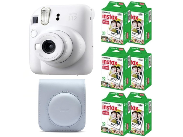 Instax Mini 12 Instant Film Camera (Clay White w/Case + Extra Film, Compact)